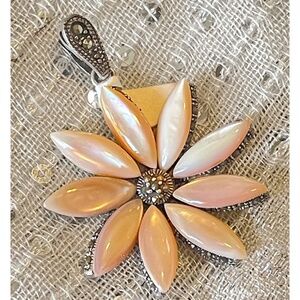 Vintage Mother of Pearl & Marcasite Flower Pendant | 925 Sterling Silver